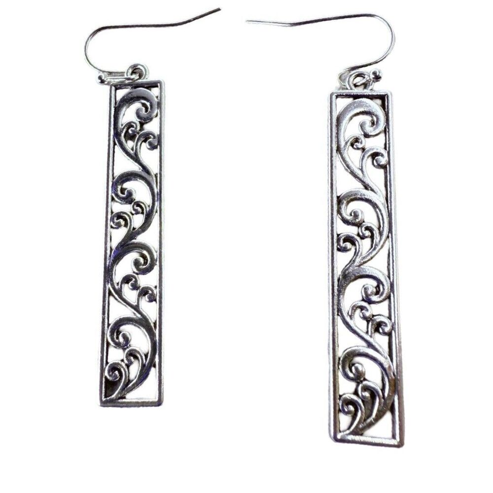 Silver-Tone Rectangular Dangle Earrings 2" Filigr… - image 1